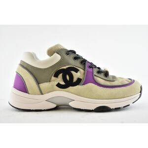 Chanel 21B Beige Purple Black White CC Logo Tie Flat Runner Trainer Sneaker 40.5